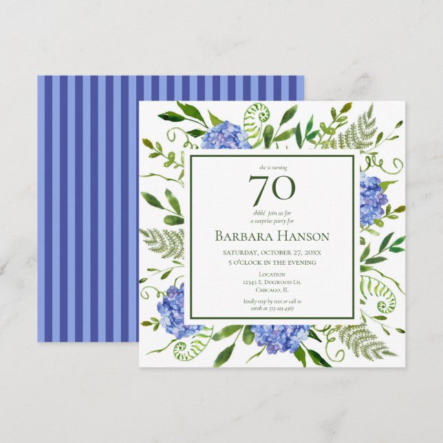 Invitación 70.º Fiesta de sorpresa de Hydrangeas Azules (Anverso / Reverso)