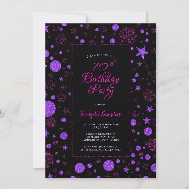 Invitación 70.º Fiesta morado y negro (Anverso)