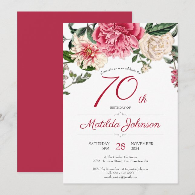 Invitación 70.º Fiesta Rojo Floral Botánico Elegante (Anverso / Reverso)