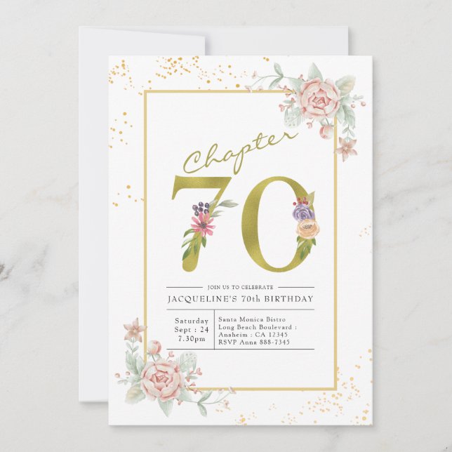 Invitación 70.º guión de oro floral de cumpleaños (Anverso)