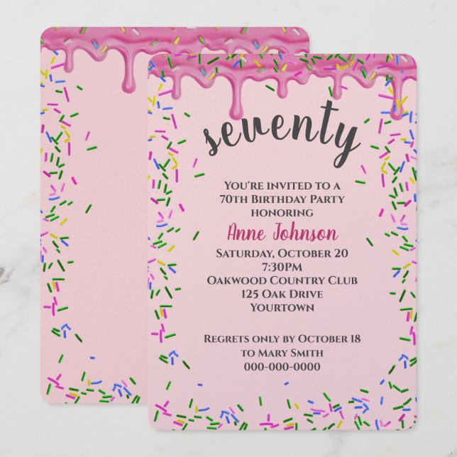 Invitación 70.º Nacimiento De Hielo Rosa Y Espolvorines (Anverso / Reverso)