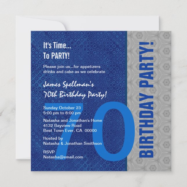 Invitación 70.º Nacimiento Patrón Azul y Plata Reciclado (Anverso)