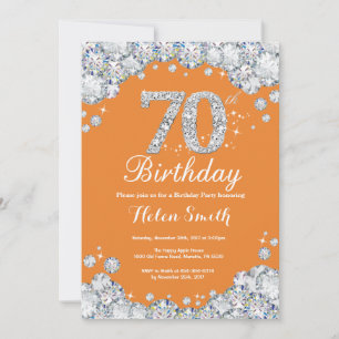 Invitación 70.º Naranja de cumpleaños y diamante plateado