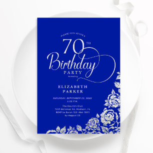 Invitación 70.º natalicio Elegante Rosas Royal Blue Silver