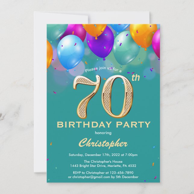 Invitación 70.º natalicio Globos Verde azulados y dorados (Anverso)