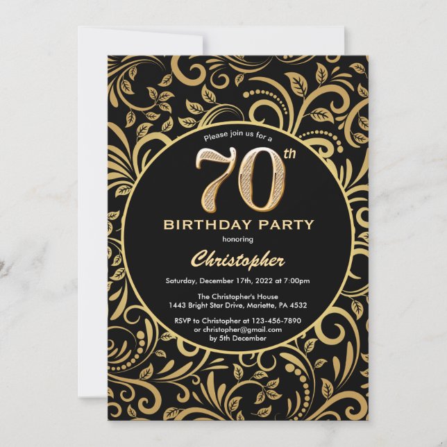 Invitación 70.º natalicio Patrón floral de oro y negro (Anverso)