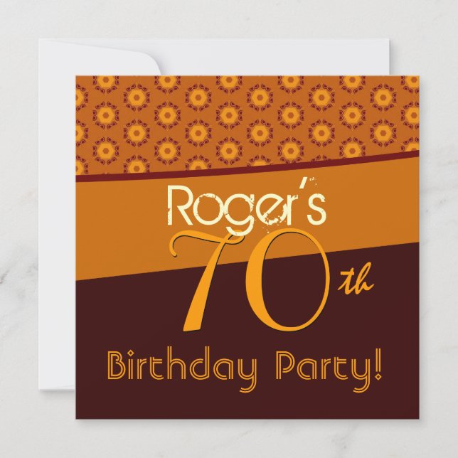 Invitación 70.º Patrón Brown Naranja de Oro de Cumpleaños (Anverso)