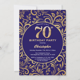 Invitación 70.º patrón floral azul y oro de la marina de cump
