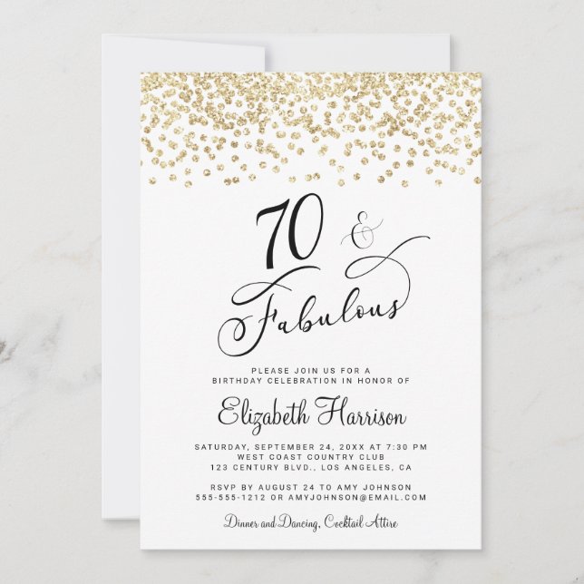 Invitación 70.º Purpurina de oro de la fiesta de cumpleaños (Anverso)