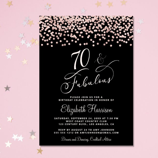 Invitación 70.º Rosa de la fiesta de cumpleaños Purpurina de  (Celebrate her 70 years of sparkle with an elegant glitter birthday party invitation )