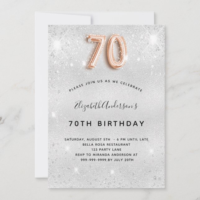 Invitación 70.º rosa de plata de cumpleaños chispas de oro (Anverso)