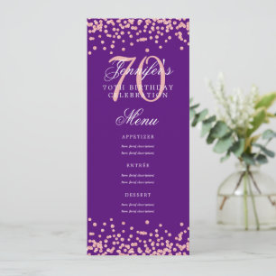 Invitación 70.º Rosa del menú Cumpleaños Confetti dorado púrp