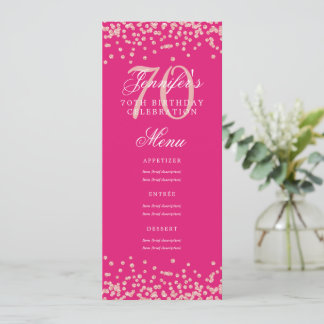Invitación 70.º Rosa del menú Cumpleaños Confetti dorado rosa