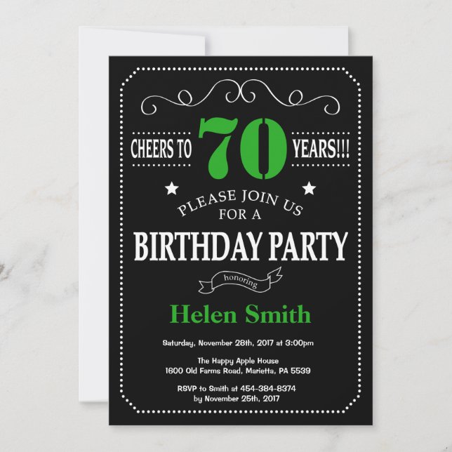Invitación 70.º tablero negro y verde de cumpleaños (Anverso)