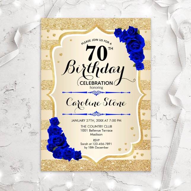 Invitación 70 Aniversario - Bandas de oro Rosas azules reales (Subido por el creador)