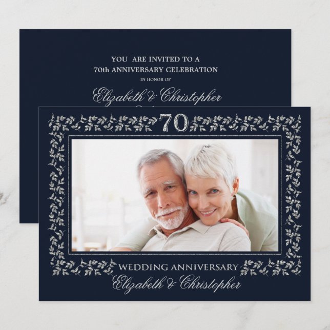 Invitación 70° aniversario de Boda foto de plata azul de la M (Anverso / Reverso)