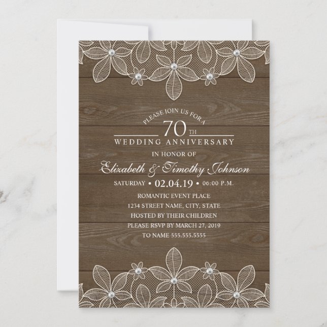 Invitación 70 Aniversario de Boda Madera Rústica Lace Country (Anverso)