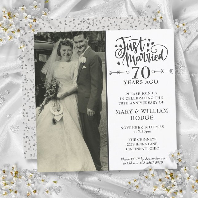 Invitación 70° aniversario de la recién casada Plaza de la Fo (70th Anniversary Just Married Wedding Photo Square Invitation)