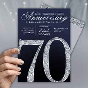 Invitación 70 Aniversario Diamante Plateado Azul Marino Moder