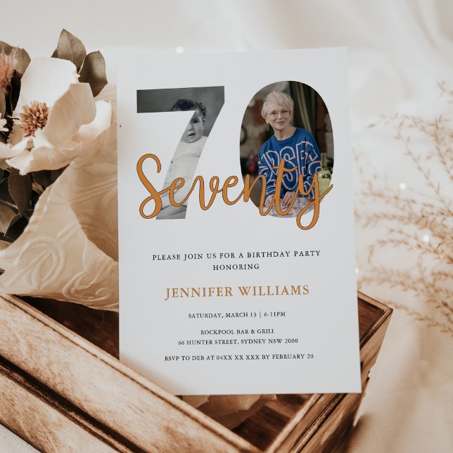 Invitación 70 Aniversario Moderno Con 2 Fotos Entonces Y Ahor (Modern 70Th Birthday With 2 Photos Then and now, look whose 70 birthday invitation)