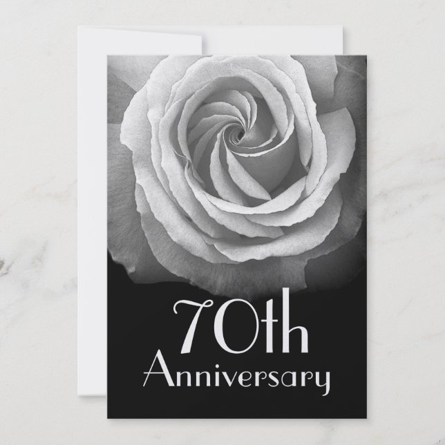 Invitación 70 Aniversario Plateado Rosa Blanca Metálico (Anverso)