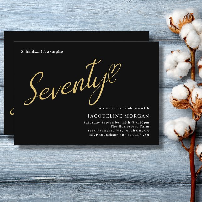 Invitación 70 años del Oro Negro 70 (70th birthday black and gold surprise birthday party invitation)