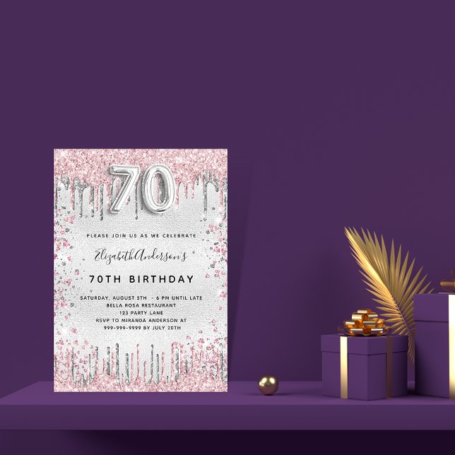 Invitación 70 años purpurina rosa plateado glamoroso (Subido por el creador)