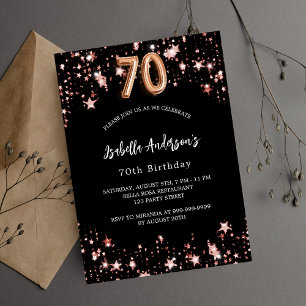 Invitación 70 años rosa negro estrellas de oro lujo