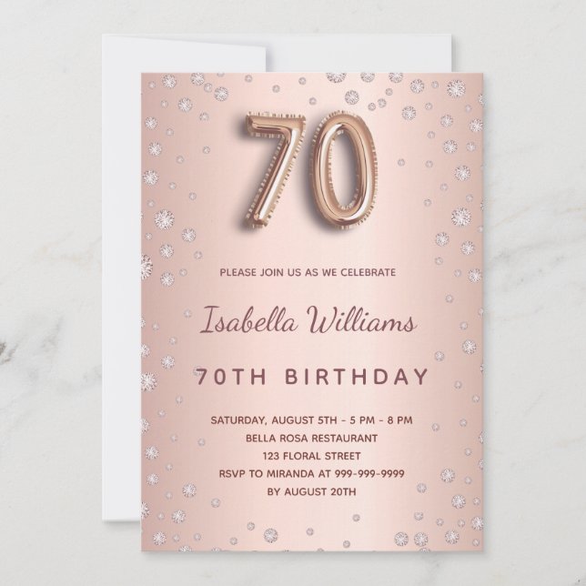 Invitación 70 años rosa oro rubor diamantes elegante (Anverso)