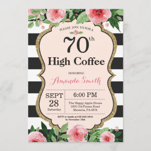 Invitación 70 cumpleaños Café Mujeres. Floral Oro Negro