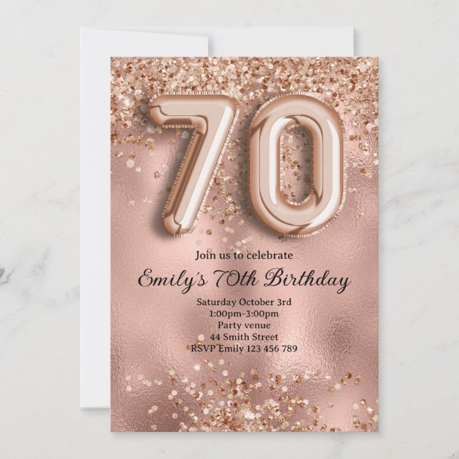 Invitación 70 Cumpleaños de Purpurina Dorado Rosa (Anverso)
