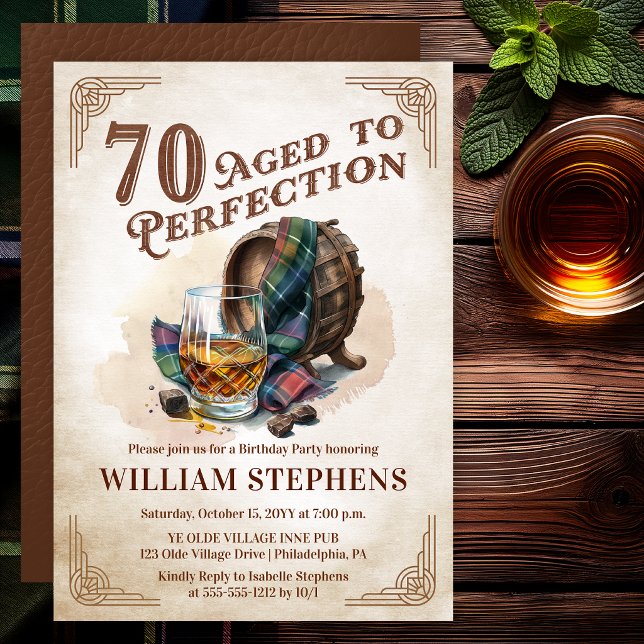 Invitación 70 Cumpleaños de Whisky Escocés Aged to Perfection (Aged to Perfection 70th Birthday Party Scotch Whiskey Invitation for Men)