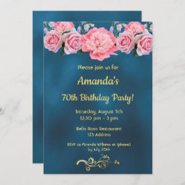 Invitación 70 cumpleaños fiesta azul con flores rosadas