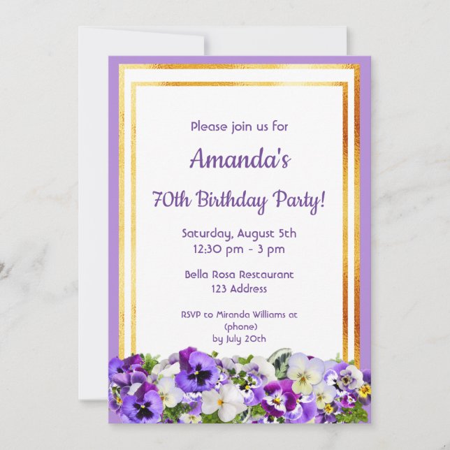 Invitación 70 cumpleaños fiesta de panes violeta flores oro (Anverso)