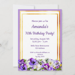 Invitación 70 cumpleaños fiesta de panes violeta flores oro