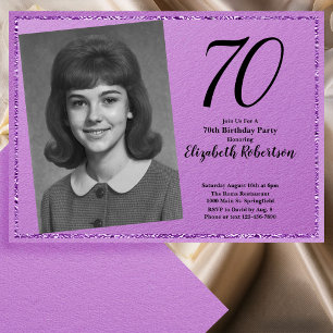 Invitación 70 Cumpleaños Foto Personalizada Morado y Negro