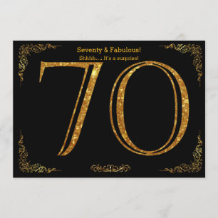 Invitación 70 cumpleaños, Gatsby styl, purpurina de oro negro