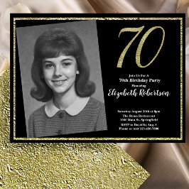 Invitación 70 Cumpleaños Personalizado Foto Negro y Dorado 