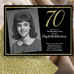 Invitación 70 Cumpleaños Personalizado Foto Negro y Dorado
