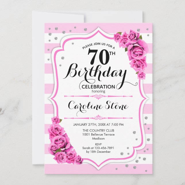 Invitación 70° cumpleaños - Rosas de franjas blancas rosadas (Anverso)