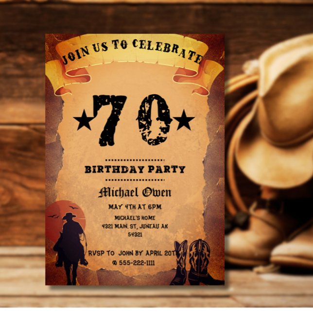 Invitación 70° cumpleaños vaquero fiesta de montar a caballo (Subido por el creador)