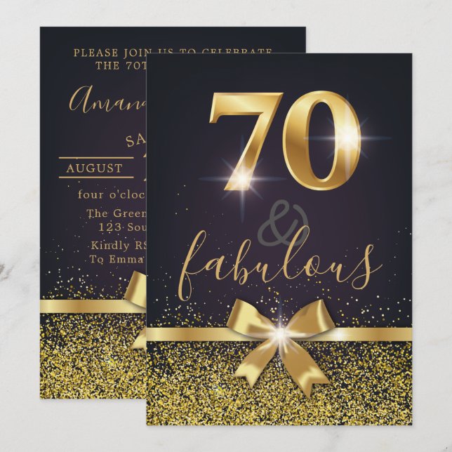 Invitación 70 elegantes y cumpleaños del purpurina fabuloso (Anverso / Reverso)