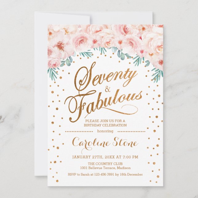 Invitación 70 Fabulosa fiesta de cumpleaños - Rosa de Oro Bla (Anverso)