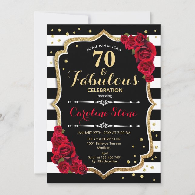 Invitación 70 fabuloso cumpleaños - Rosas franjas blancas neg (Anverso)