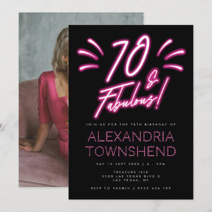 Invitación 70 & Fabuloso Luces de neón Rosa Negro Cumpleaños