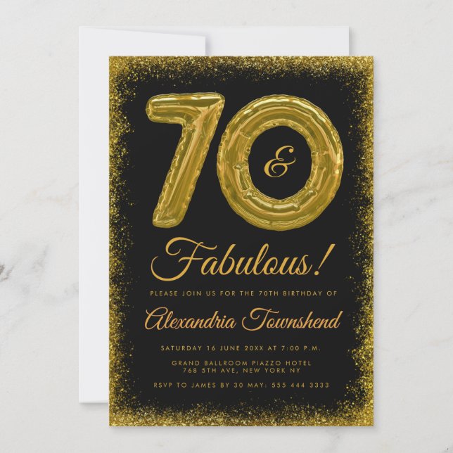 Invitación 70 & Fabulosos Globos Dorados Cumpleaños 70 (Anverso)