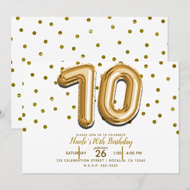 Invitación 70 Globos de Oro y Confetti 70 cumpleaños (Anverso / Reverso)