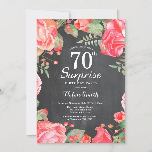 Invitación 70.o cumpleaños de la sorpresa floral roja (Anverso)