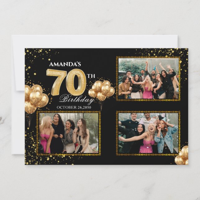 Invitación 70 th Birthday Gold Silver Black Balloons (Anverso)