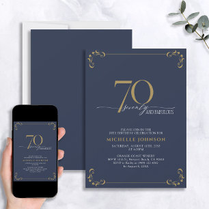 Invitación 70 y fabulosa caligrafía azul y oro Cumpleaños